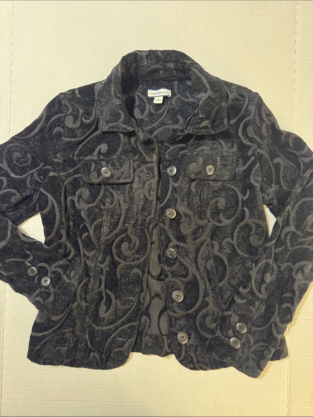 Coldwater Creek Black Velvet Burnout Button-Up Jacket 106